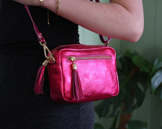 Raspberry Metallic Leather Crossbody Bag