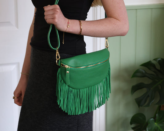 Green Leather Half Moon Fringed Bag