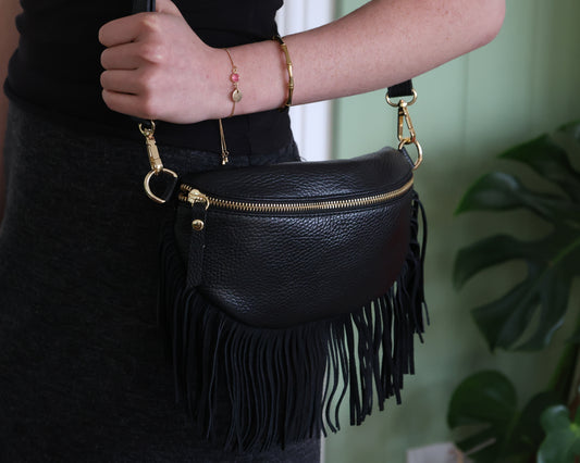 Black Leather Half Moon Fringed Bag