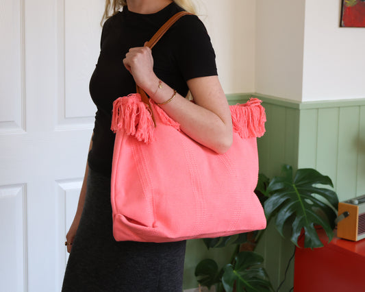 Fringed Cotton Rose Tote with Leather Handles