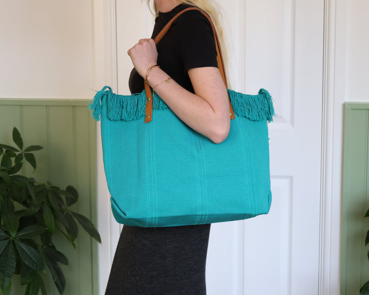 Fringed Cotton Turquoise Tote with Leather Handles