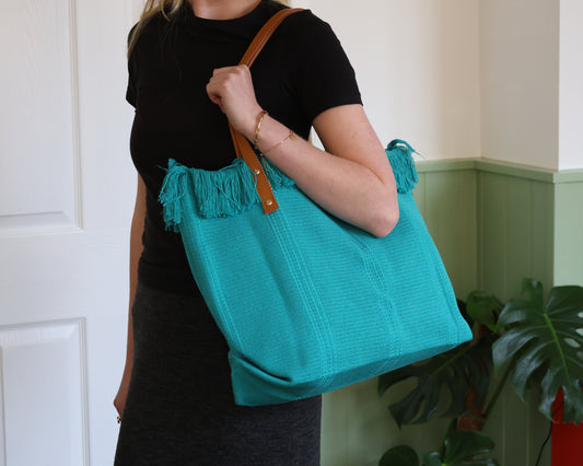 Fringed Cotton Turquoise Tote with Leather Handles