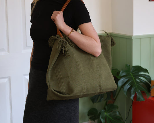 Fringed Cotton Khaki Tote with Leather Handles