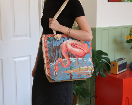 Pink Flamingo Rope Handle Bag