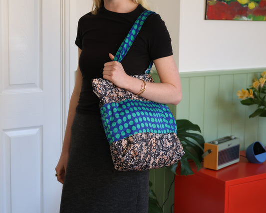 Green Spots & Flowers Sari Silk Bag