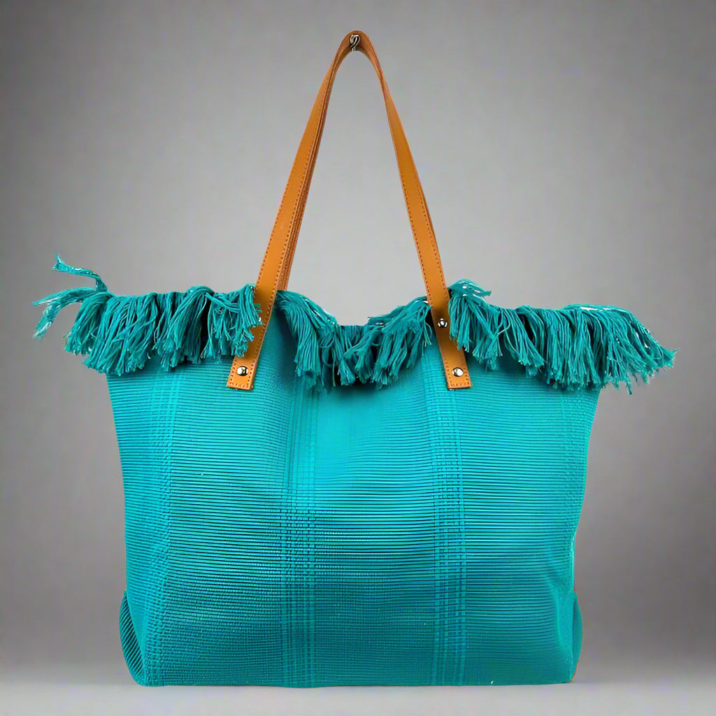 Fringed Cotton Turquoise Tote with Leather Handles