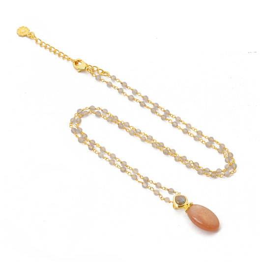 Persephone Double Gemstone Beaded Chain Necklace: Peach Moonstone & Labradorite