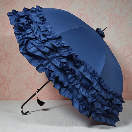 Boutique Triple Frill Stick Auto Umbrella: Navy