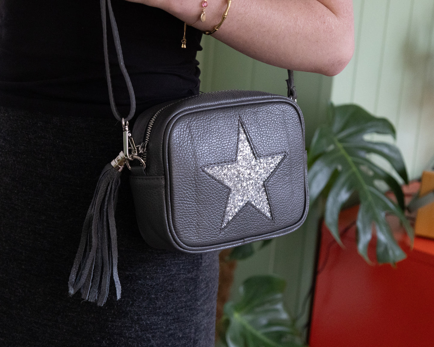 Glitter Star Grey Leather Camera Bag