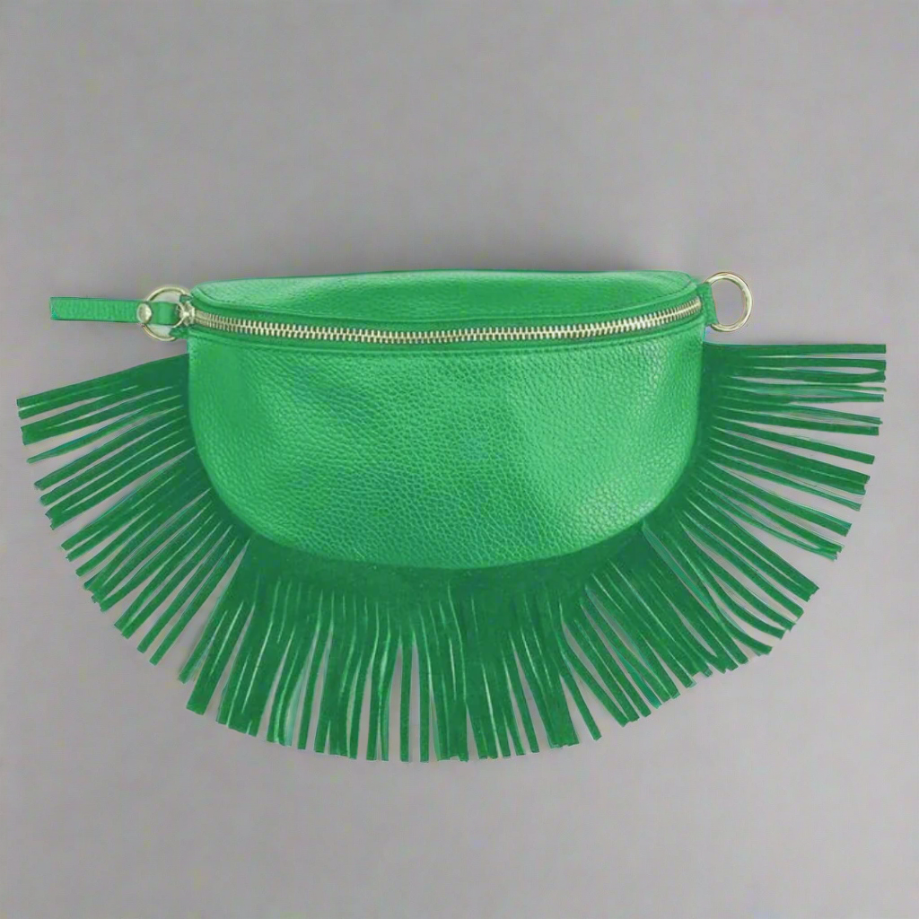 Green Leather Half Moon Fringed Bag