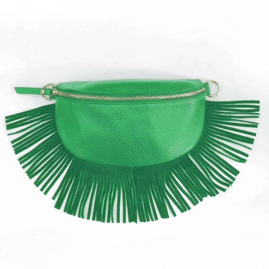 Romy Green Leather Half Moon Fringed Bag