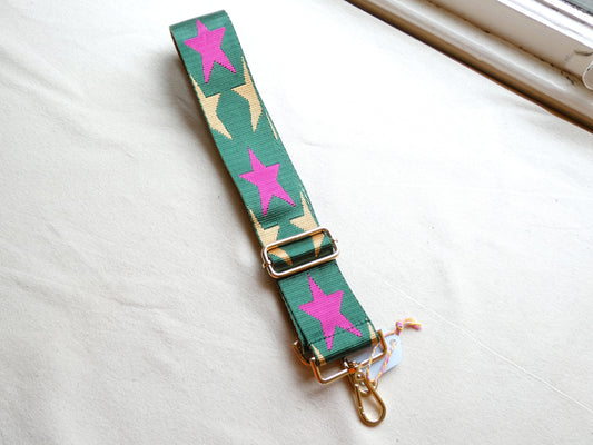 Green with Pink Stars Swappable Bag Strap