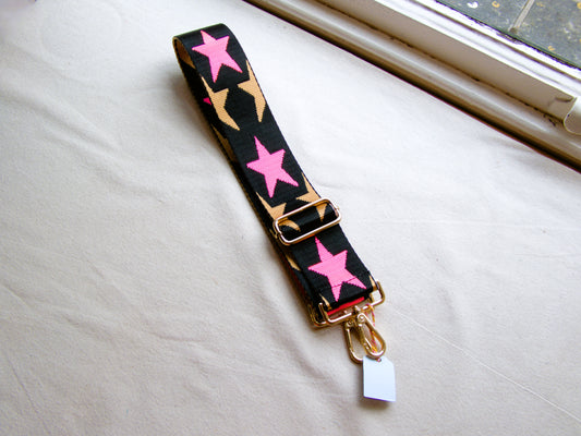 Black With Pink Stars Swappable Bag Strap