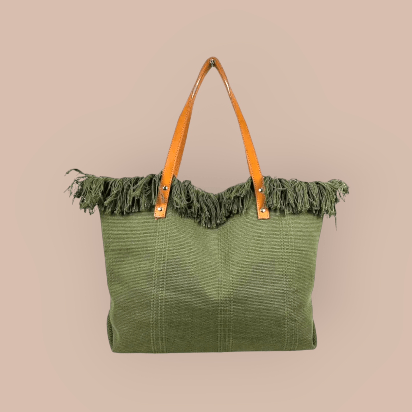 Fringed Cotton Khaki Tote with Leather Handles