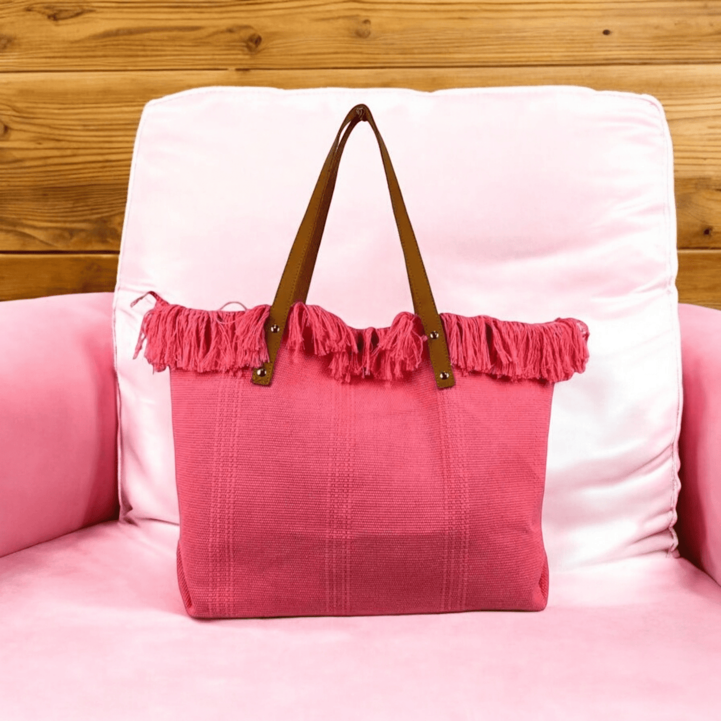 Fringed Cotton Rose Tote with Leather Handles