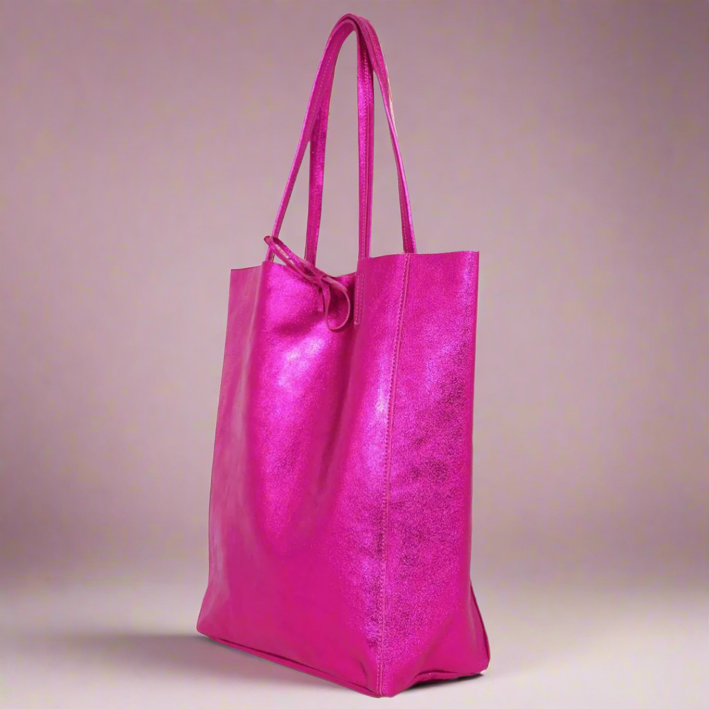Raspberry Metallic Leather Tote Bag