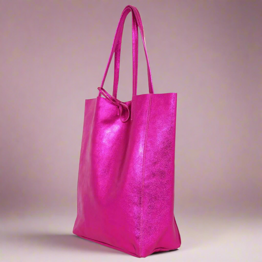 Raspberry Metallic Leather Tote Bag