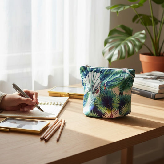 Rainforest Velvet wash bag in a tropical palm and banana leaf print on a wooden desk, with a hand writing in a notebook, pencils and a monstera plant