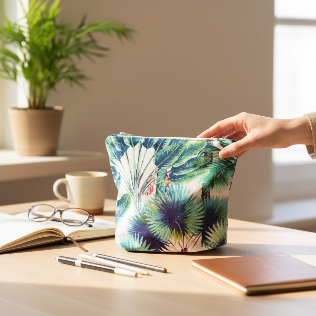 Rainforest Velvet wash bag on a wooden table with a hand touching the top, beside a notebook, glasses, pens and a plant