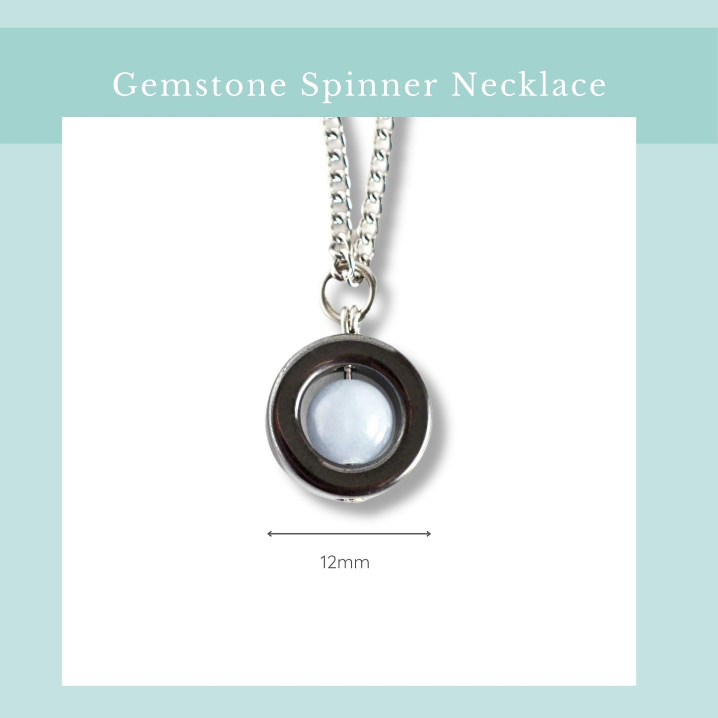 Gemstone spinner necklace with a blue gemstone on a light blue background