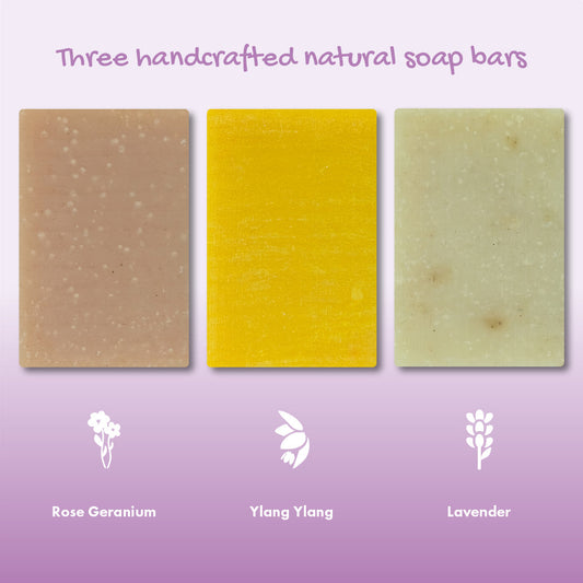 Three handcrafted natural soap bars with labels for Rose Geranium, Ylang Ylang, and Lavender on a purple background.