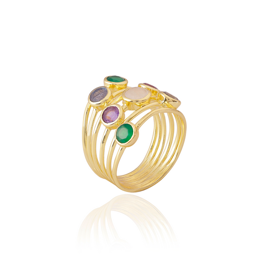 Iona Entwined Ring: Green Onyx, Amethyst, Moonstone & Labradorite