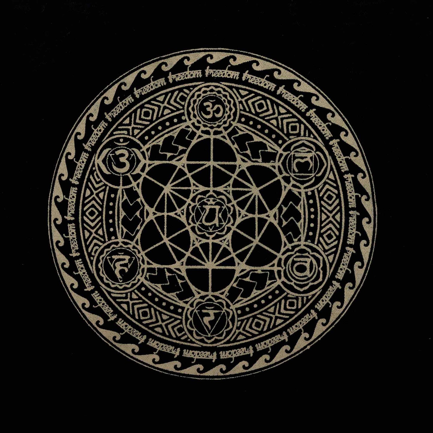 Decorative circular design with intricate patterns and symbols on a black background