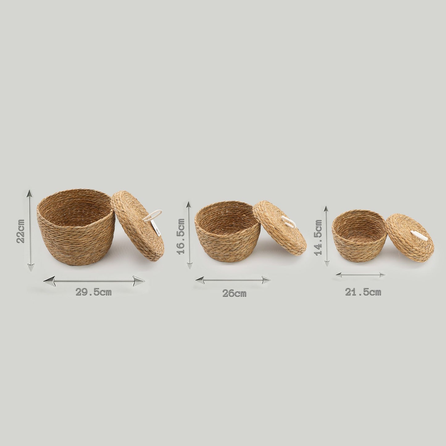 Natural Seagrass & Cotton Round Baskets with Lids - Set of 3