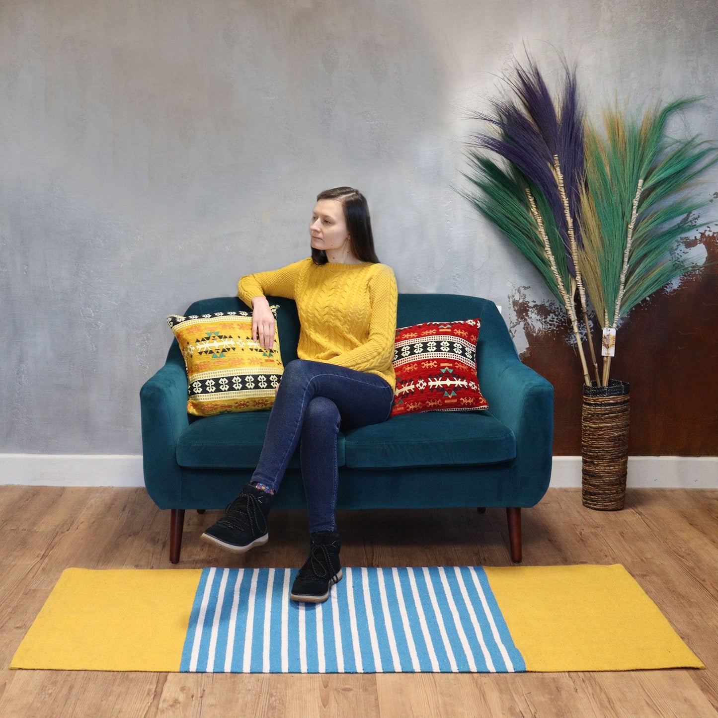 Yellow & Blue Indian Cotton Rug