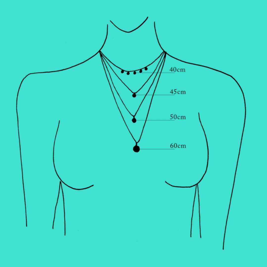 Diagram of necklaces with measurement labels on a turquoise background