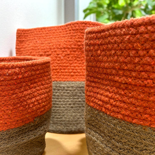 Set of 3 Cotton & Rope Baskets - Spiced Orange