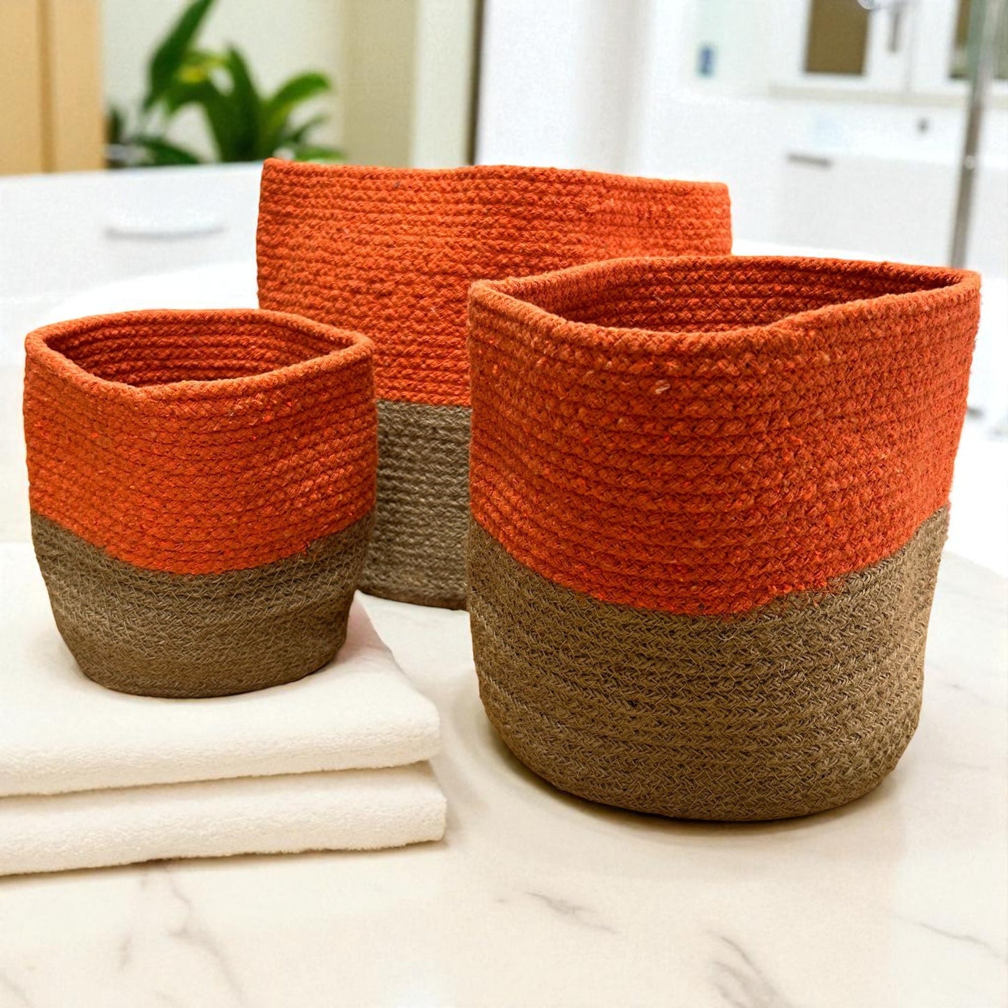 Set of 3 Cotton & Rope Baskets - Spiced Orange