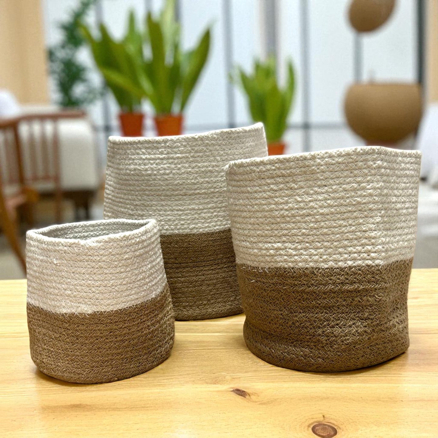 Set of 3 Cotton & Rope Baskets – White & Natural