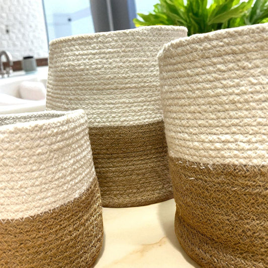 Set of 3 Cotton & Rope Baskets – White & Natural