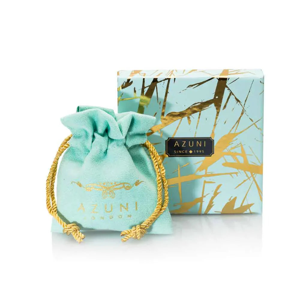 Mint green jewelry pouch and box with gold accents and 'Azuni' branding on a white background