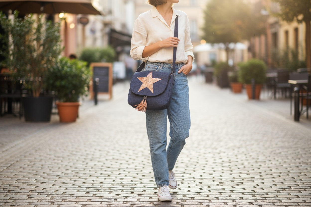 Woman walking on a street holding a navy blue bag with a pink star, wearing a white shirt and blue jeans.
