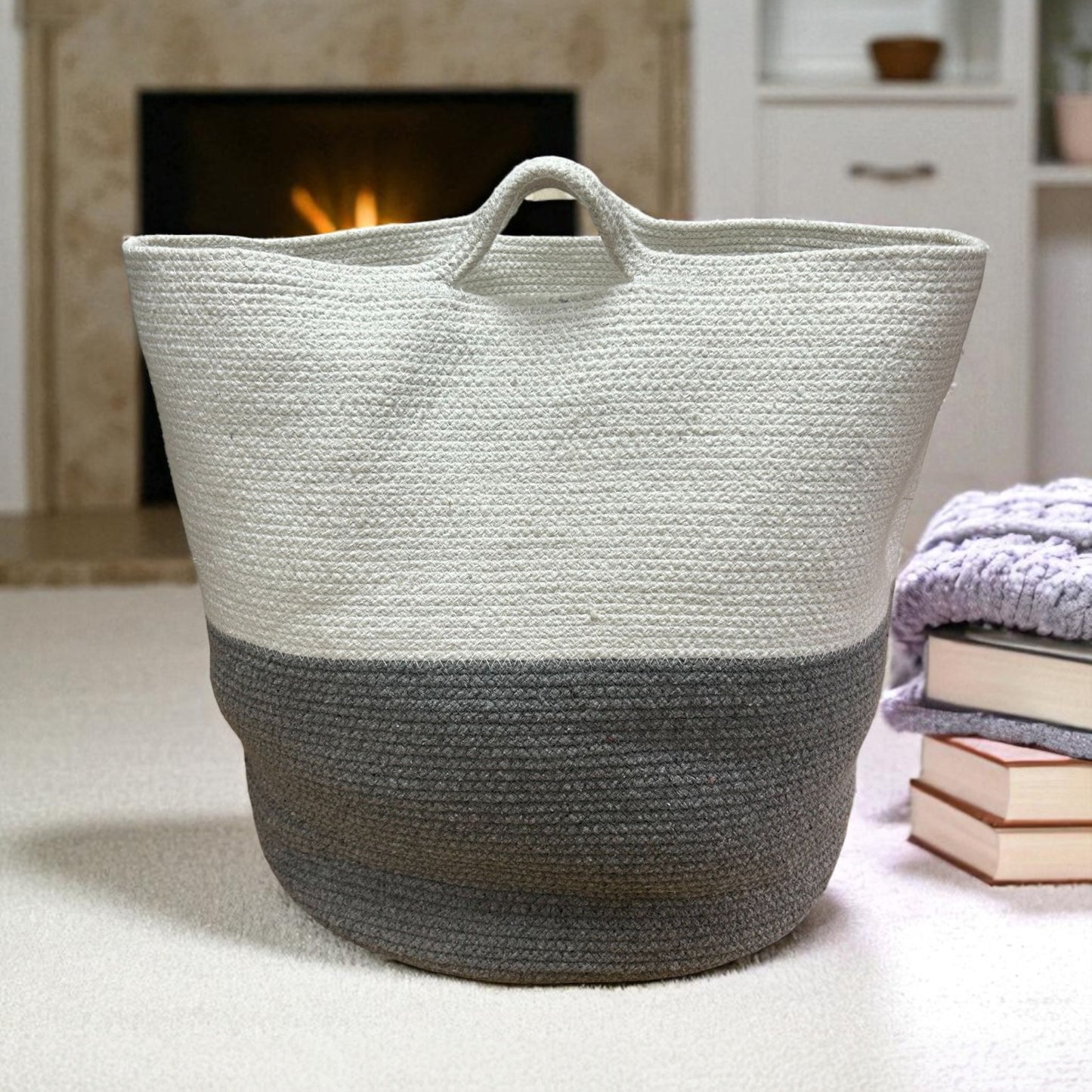 Large Cotton & Rope Basket - Grey & White With Handles