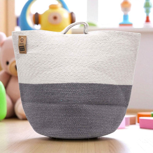 Large Cotton & Rope Basket - Grey & White With Handles