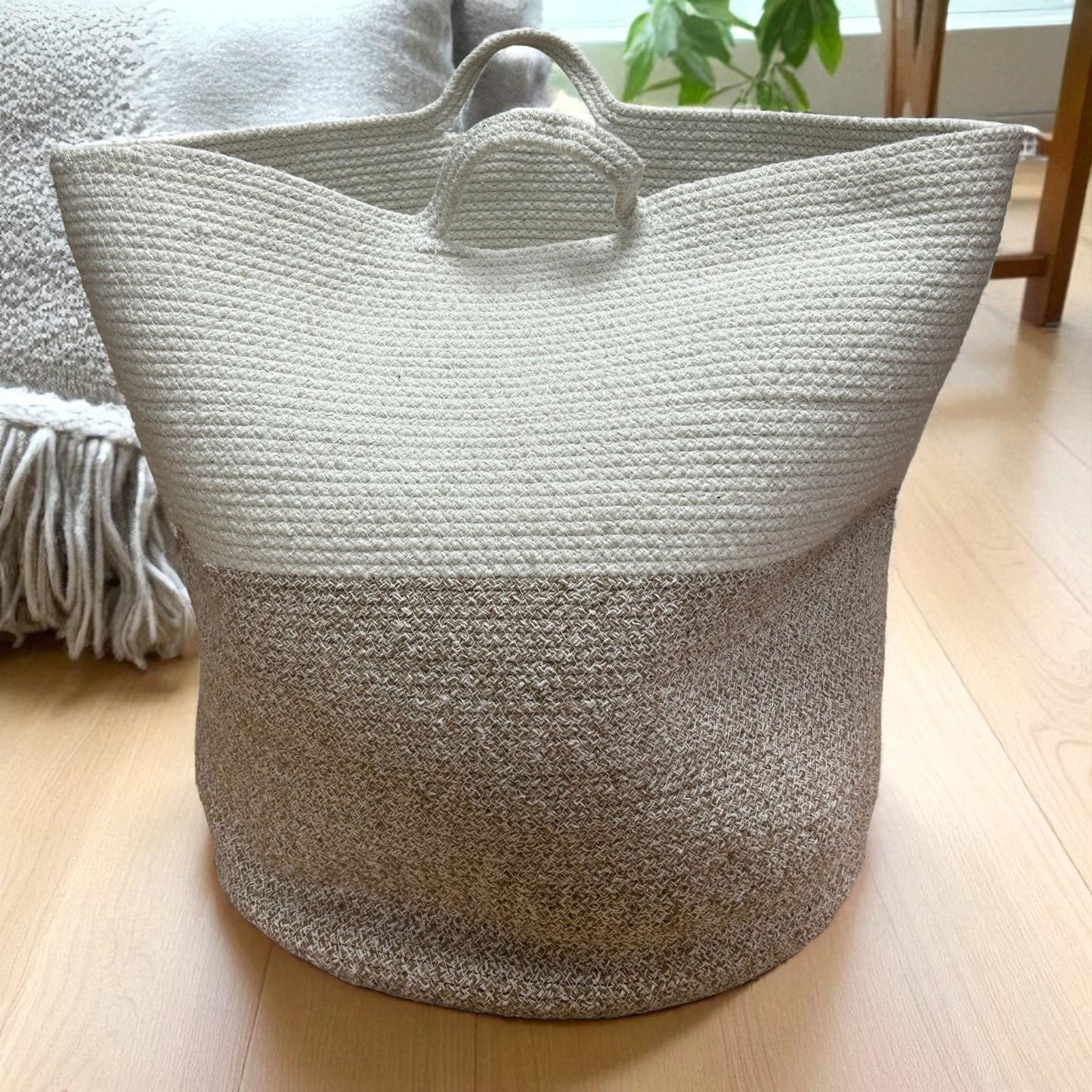 Large Cotton & Rope Basket – Natural & White with Handles