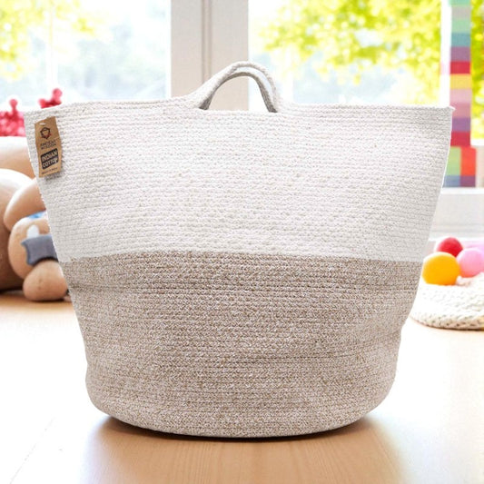 Large Cotton & Rope Basket – Natural & White with Handles