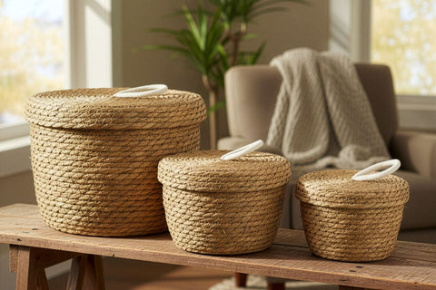  Set of three graduated natural woven seagrass storage baskets with lids and white rope handles, displayed on a rustic wooden trestle table in a warm neutral living room setting