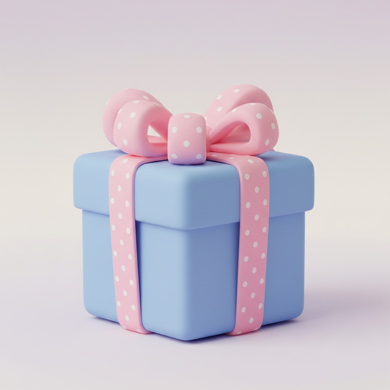 Gifts under £30: a pastel blue gift box with a pink polka-dot ribbon and bow
