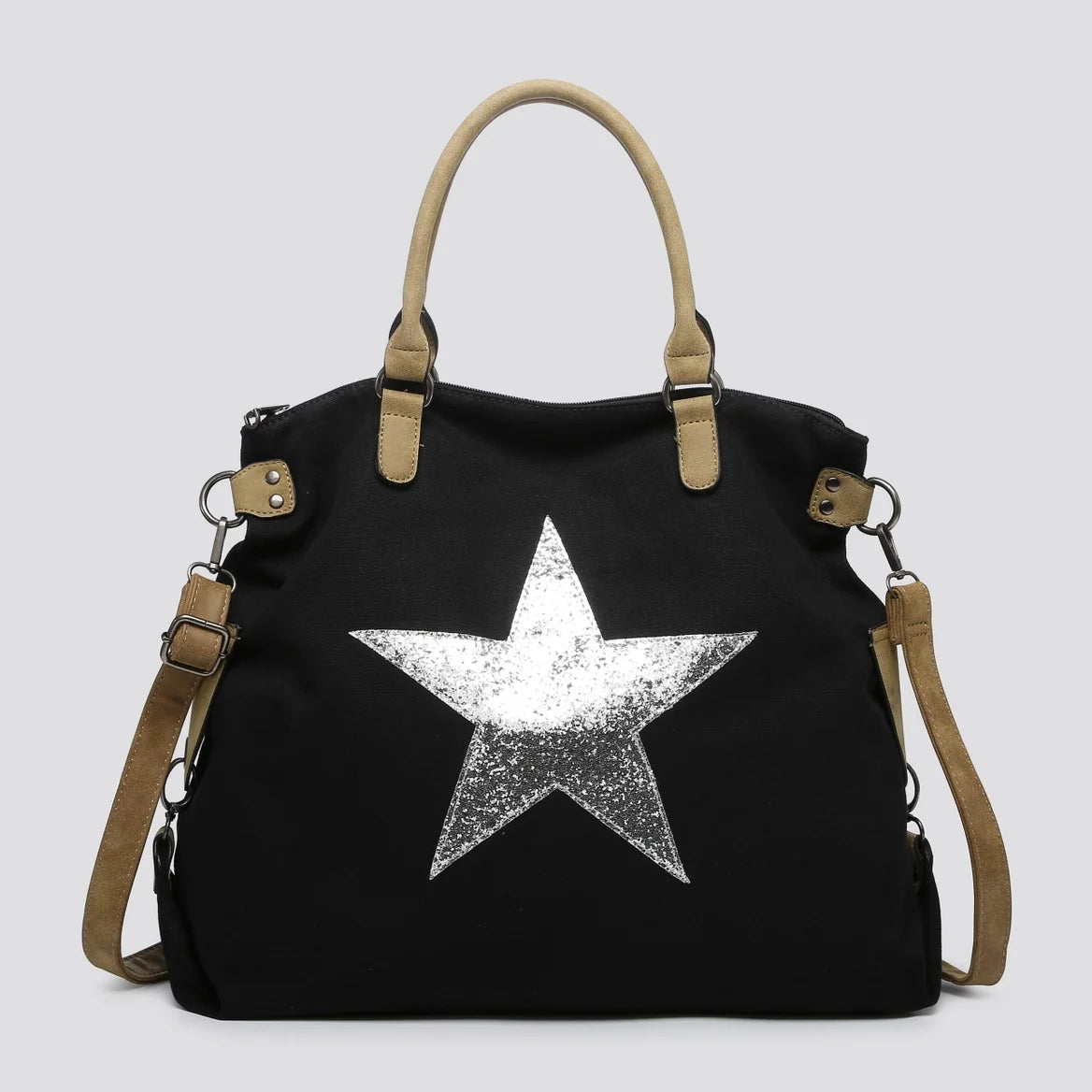 Black canvas tote bag with a silver star.