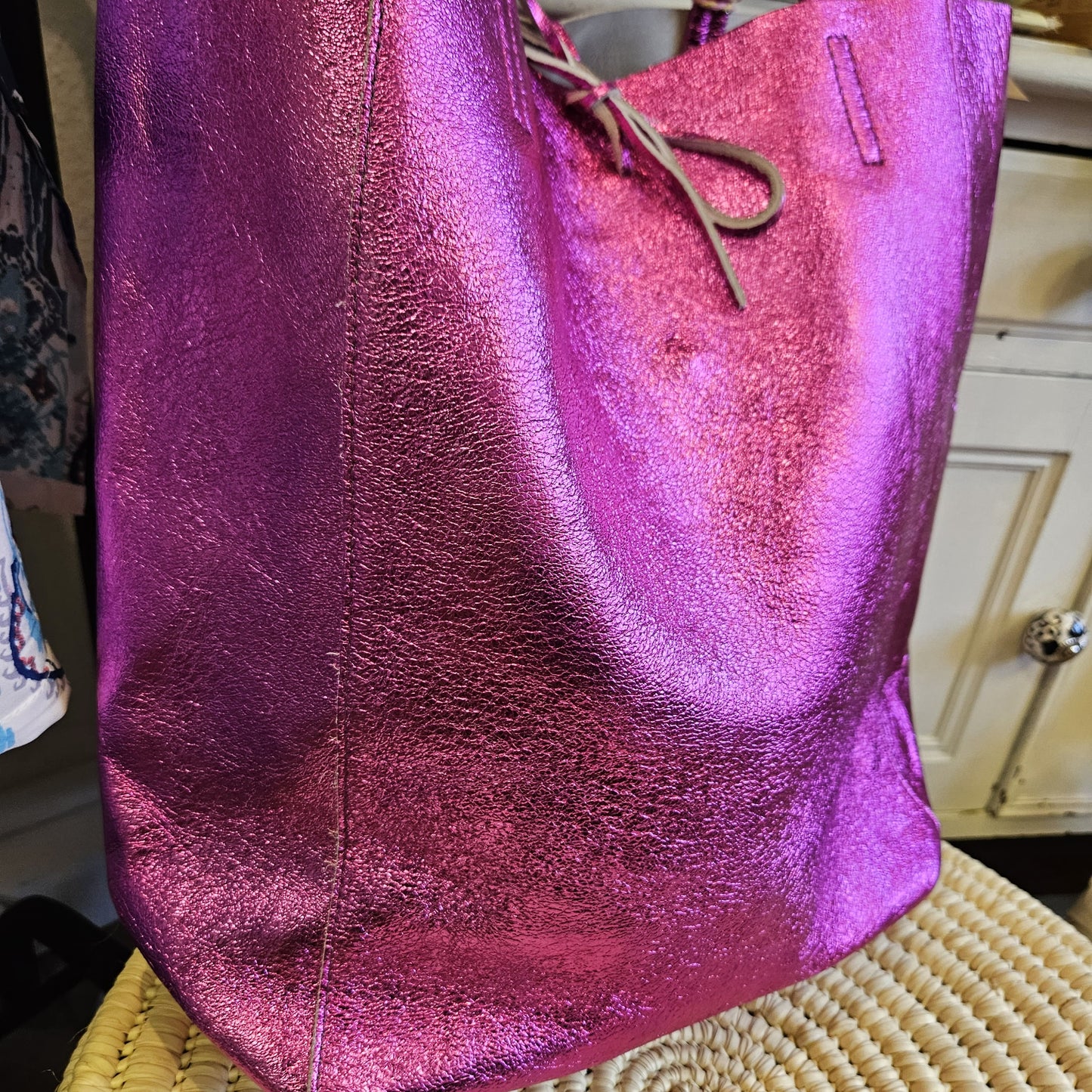Camille Raspberry Metallic Italian Leather Tote Bag