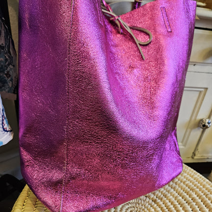 Camille Raspberry Metallic Italian Leather Tote Bag