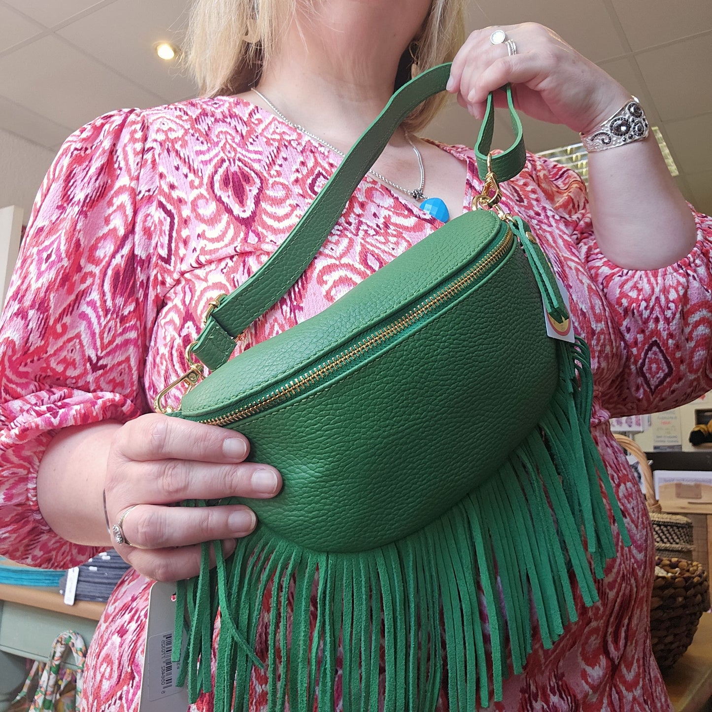 Romy Green Leather Half Moon Fringed Bag