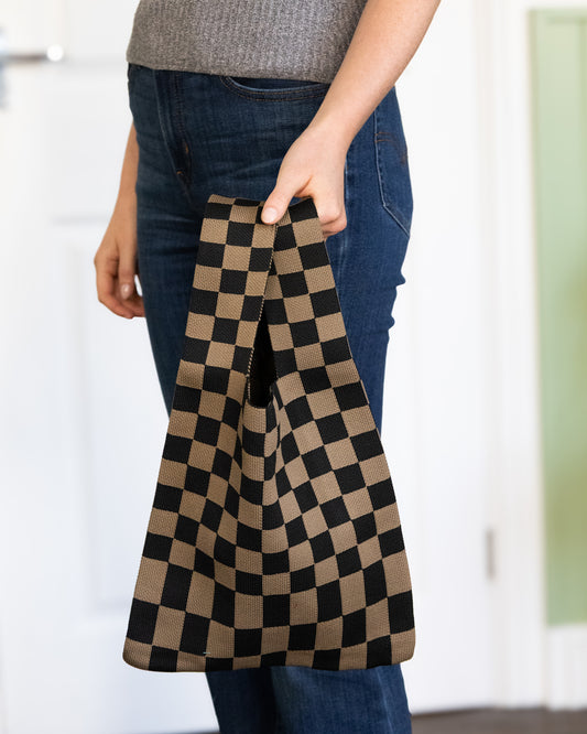 Black & Mocha Checked Stretchy Knitted Tote – Stylish And Expandable