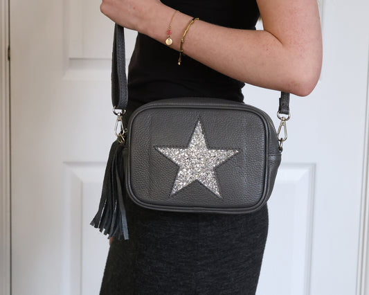 Glitter Star Grey Leather Camera Bag