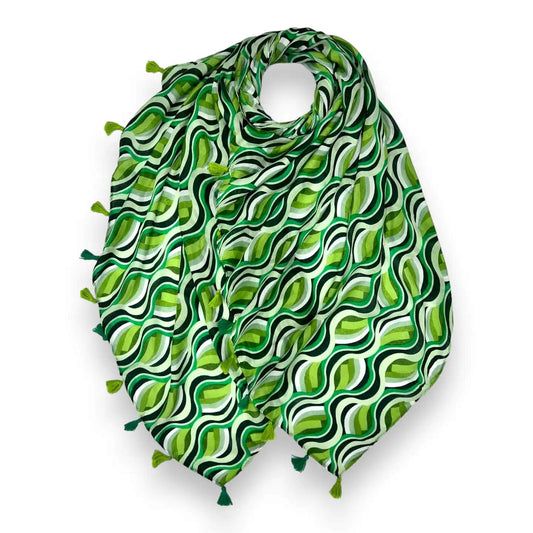 Green Retro Swirl Scarf With Tassels