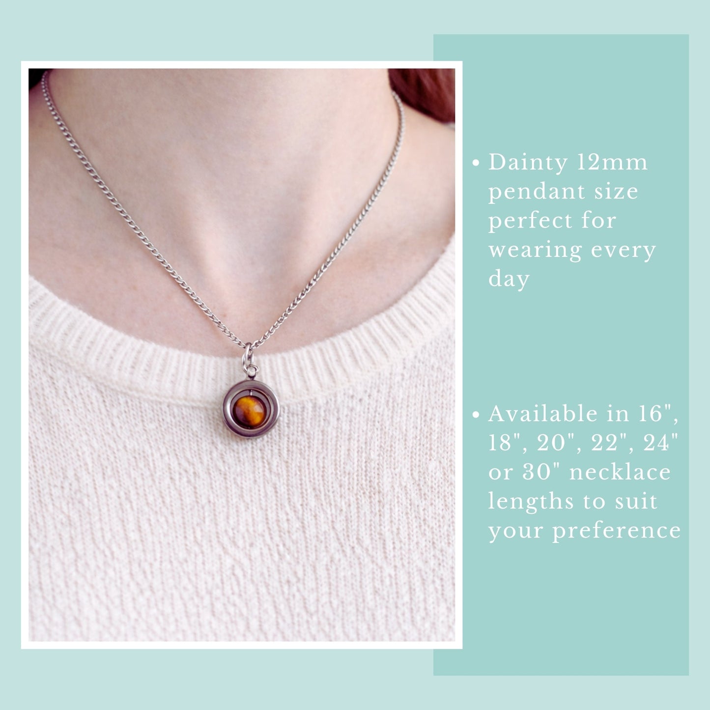 Necklace with a pendant on a person wearing a white sweater, with text about necklace length options.